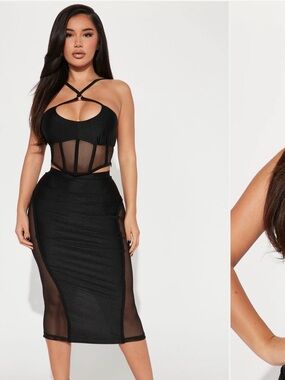 Fashion Nova Black Mesh Midi Skirt Set NWOT